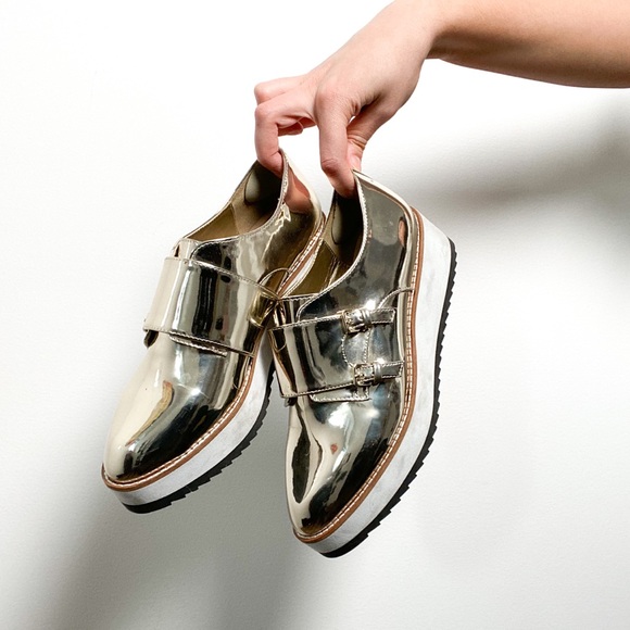 Gold Platform Oxford Loafers sz 7.5 - Picture 2 of 9